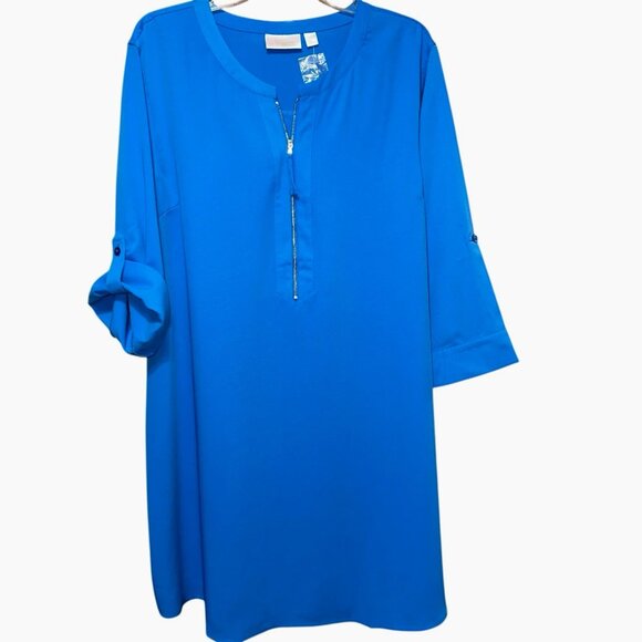 Belle by Kim Gravel Blue Tunic Dress XLP 1/4 Zip Neckline Roll Tab Sleeves NWOT - Picture 4 of 7